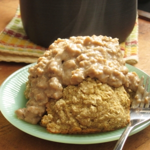Biscuit Baked Oatmeal with Vegan Sausage Gravy
