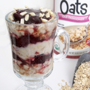Creamy Almond Oatmeal with Cherry Chia Compote