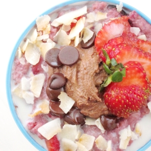 Cherry-Berry Oatmeal with Chocolate PB2 and Toasted Coconut