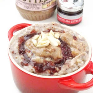Applesauce Ancient Grains Oatmeal with Almond Butter and Cherry Jam
